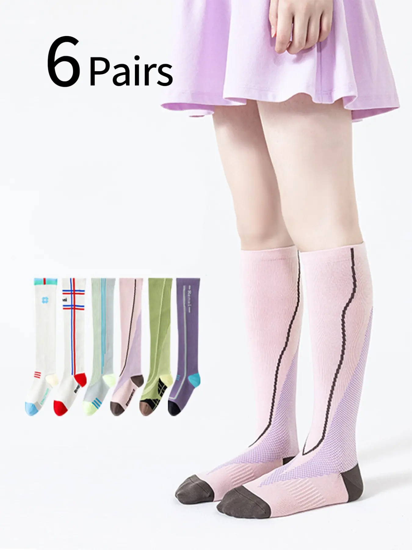 6 Pairs Kids Socks, Girls Sports Compression Socks, Medium Large Child Cycling Crew Socks, Anti-Pilling Comfortable Durable