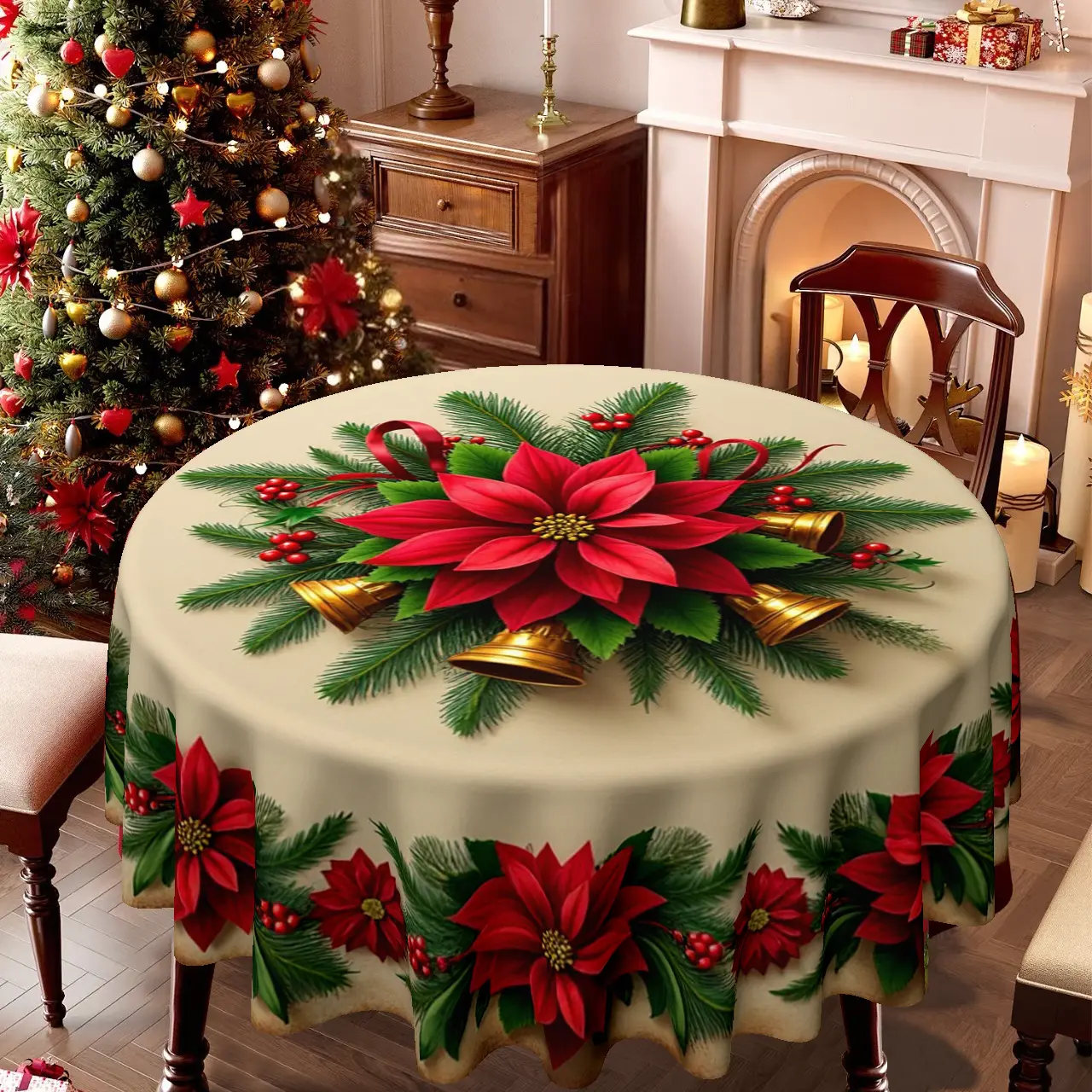 1 tablecloth, Christmas, Easter, holiday poinsettia and bell themed circular tablecloth, suitable for family gatherings and holiday dinners, kitchen, dining and living room decoration tablecloths, adding a Christmas atmosphere to home decoration