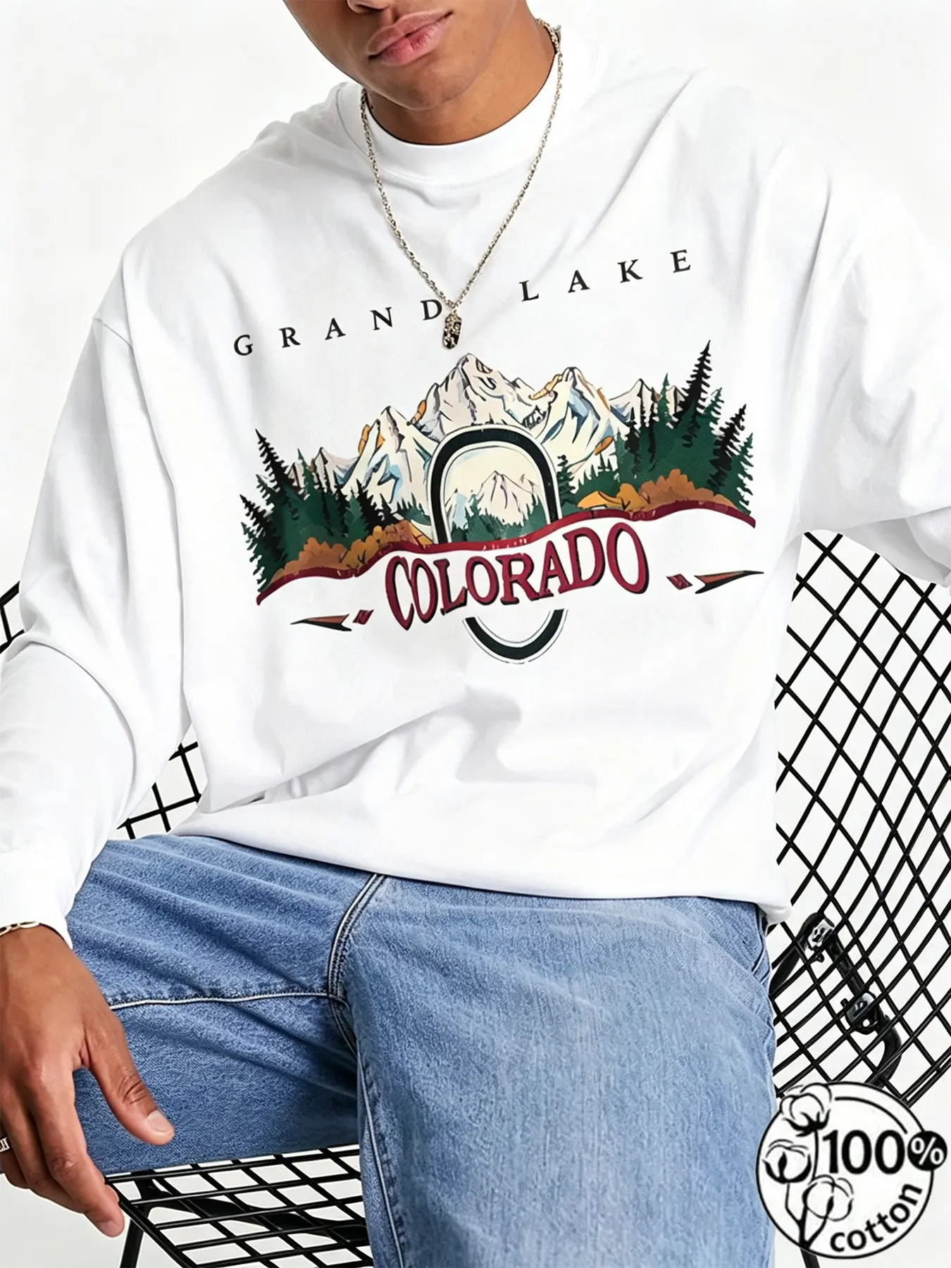 Vintage Colorado Mountain Graphic Long Sleeve T-Shirt, 100% Cotton Outdoor Casual Crewneck Tee, Unisex Retro Nature Streetwear Top, Multi-Color