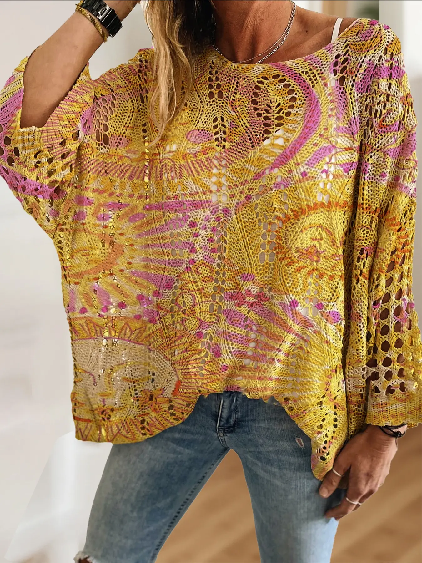 Elegant Women's Summer Top, Colorblock Print Round Neck Long Sleeve Knit, Loose Batwing Shoulder Design, Breathable Casual Sweater