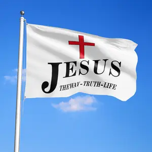 Christian Jesus Cross Flag, Religious Banner with "The Way Truth Life" Verse, Perfect for Faithful Home Decor, Yard Church Display, Weather Resistant 3x5ft Outdoor Flag
