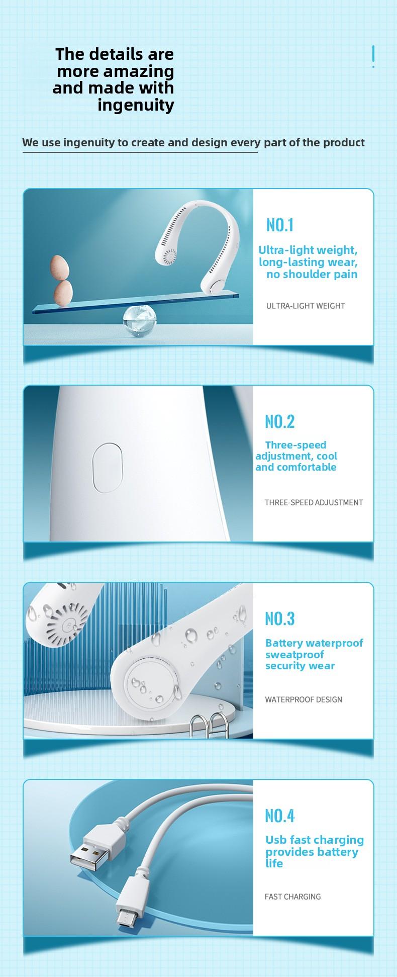 Three-speed adjustable neck fan, outdoor high-endurance portable universal USB hands-free neck fan