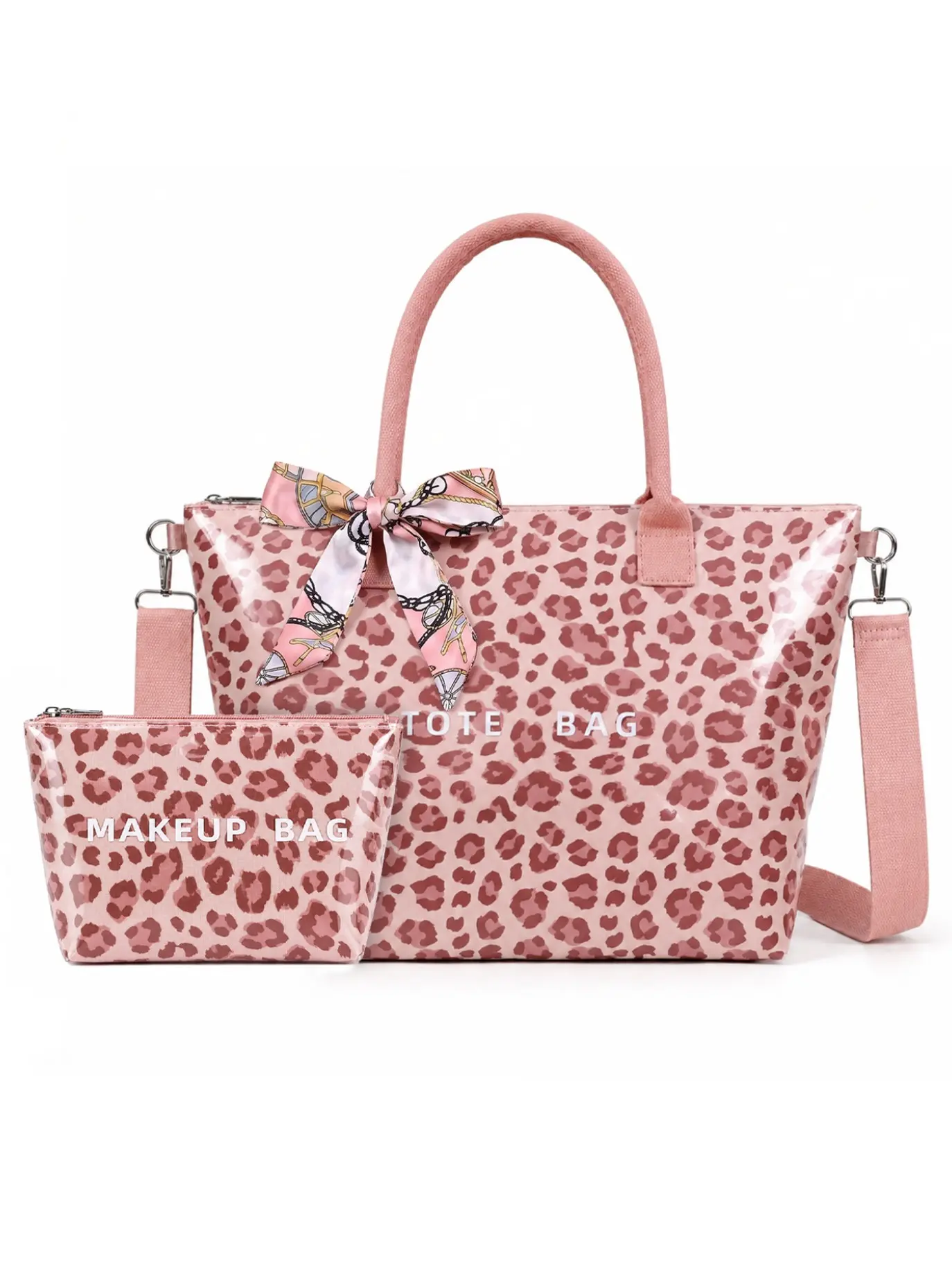 2 Piece Set Women's Leopard Print Tote Bag, Large Capacity Shoulder Crossbody Bag, Adjustable Strap, Fashion Commute Shopping Travel Bag with Makeup Pouch