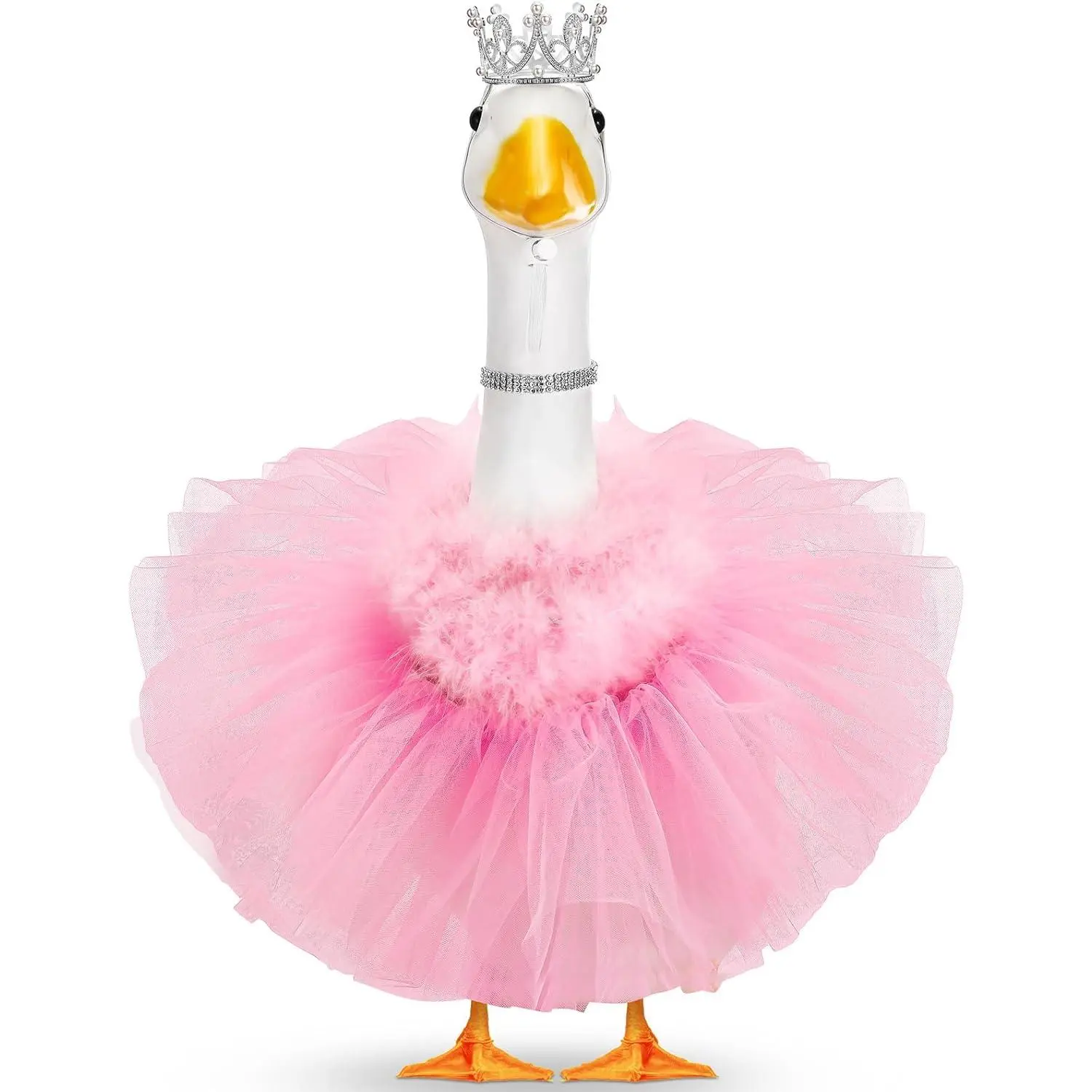 4 Pcs Princess Porch Goose Outfit for 23" 17" Cement Lawn Goose Costume Crown Necklace Tutu Skirt Feather Trim(Pink)