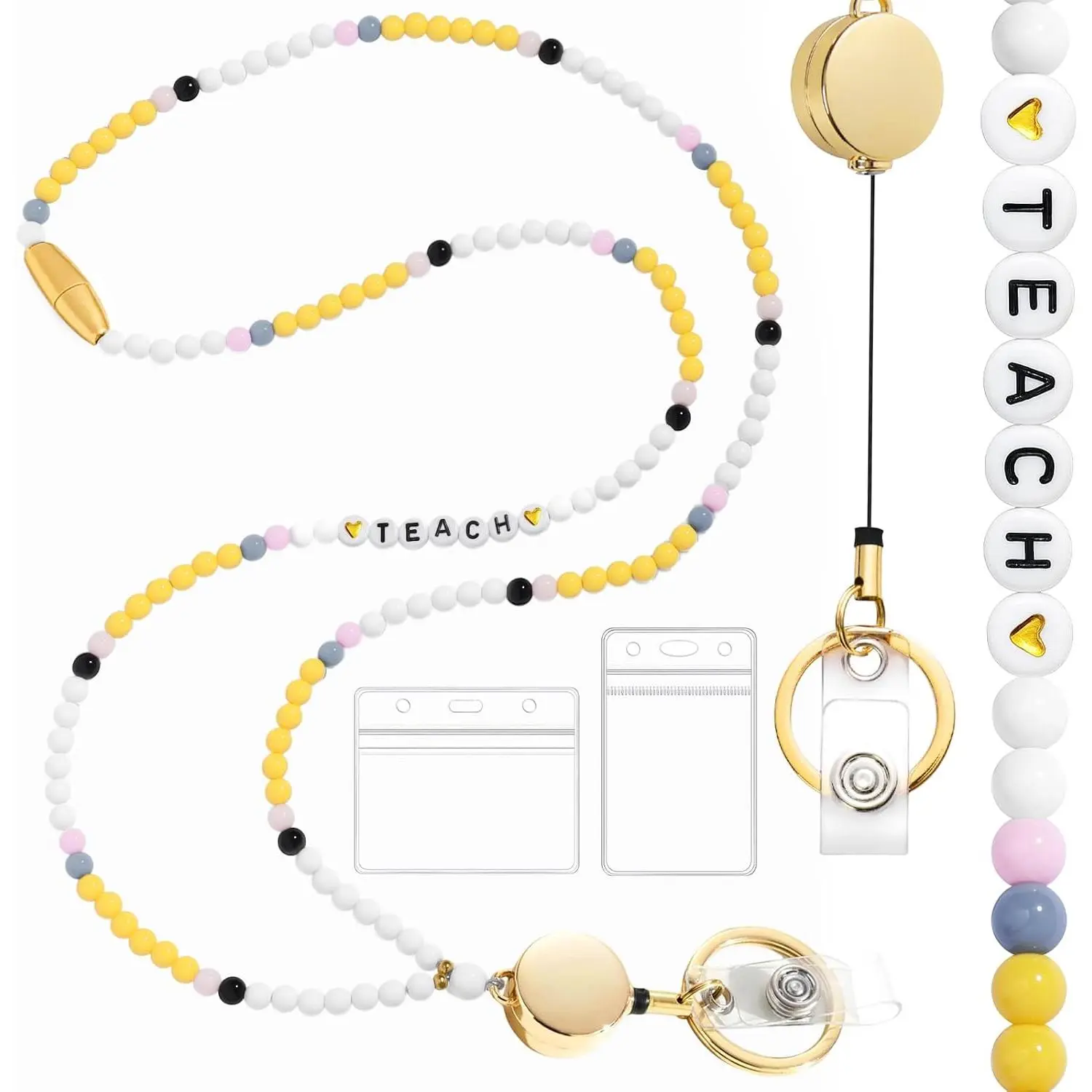 Teacher Gifts Lanyard for ID Badges with Breakaway Clasp Cute | Retractable Colorful Beaded Badge Necklace with 2 Card Holders for Name Tag, , Women