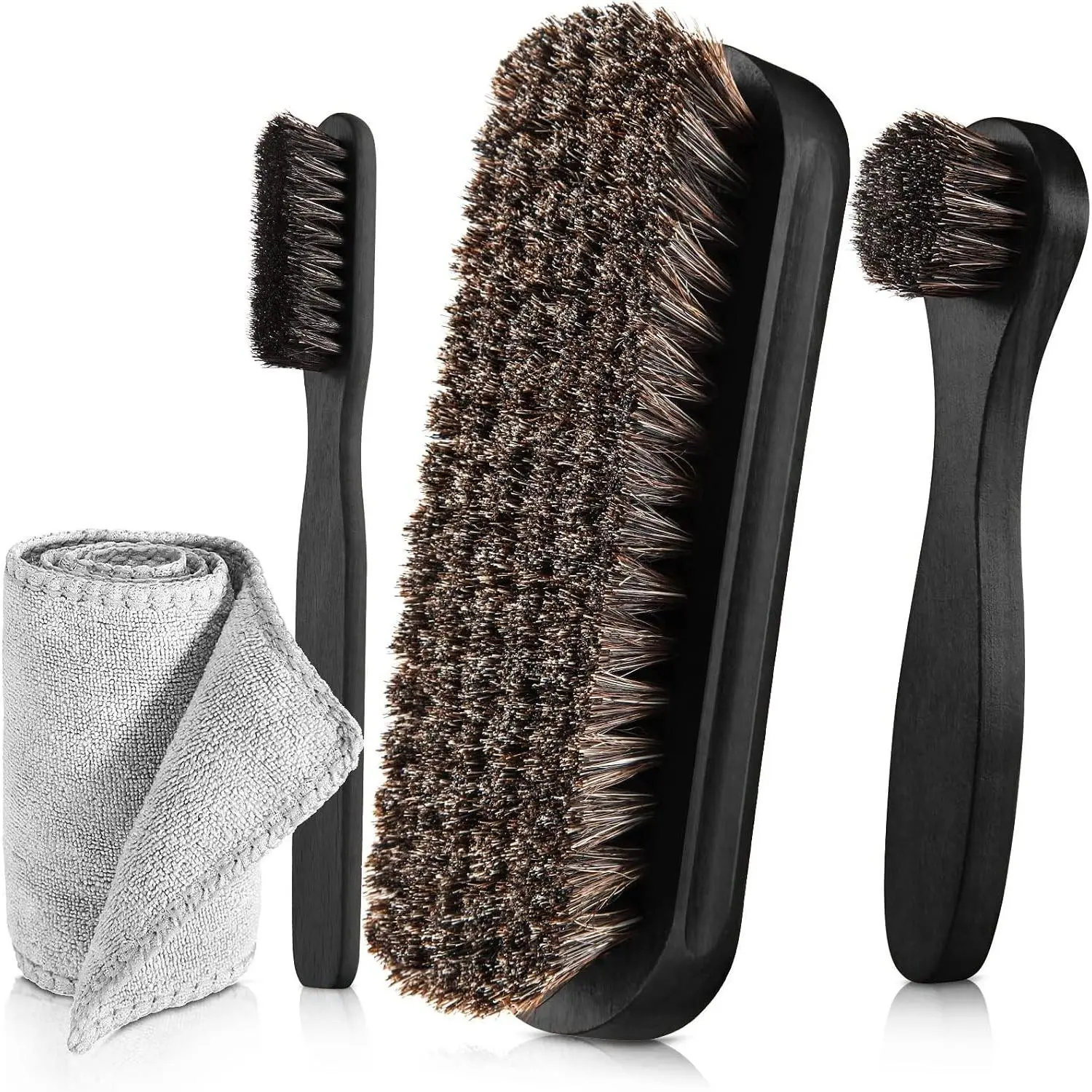 4 Pcs Horsehair Shine Shoes Brush Kit Polish Dauber Applicators Cleaning Leather Shoes Boots Care Brushes Suede Cleaner Brush with Microfiber Shoe Cloth(4 Pcs Black D)