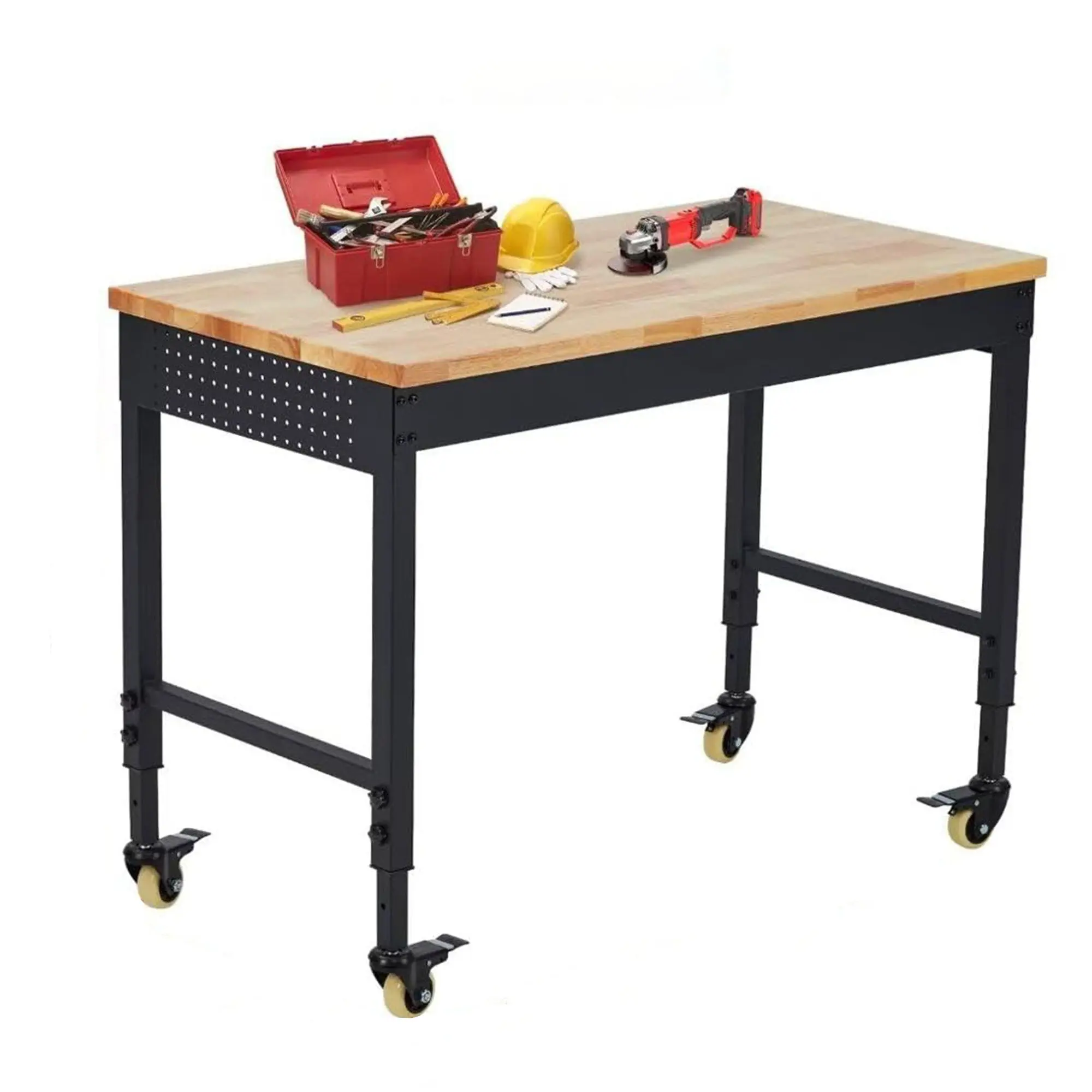 GARVEE60" x 22" Adjustable Workbench 2000 Lbs Capacity, Rubber Wood Table Heavy Duty Workstation with Hardwood Top, Power Outlets, Metal Frame, Swivel Casters, Garage Table for Workshop Office Home