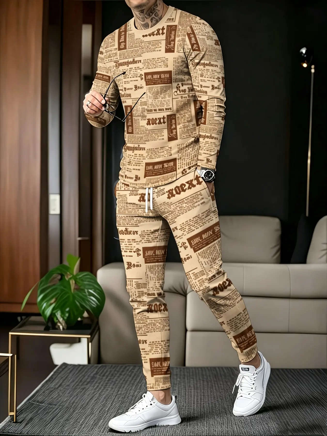 Fashion Newspaper Print Men's Casual Sport Set, Trendy Long Sleeve Tee and Pants Two-Piece, Comfortable Fitted Style, Casual Sportswear Outfit