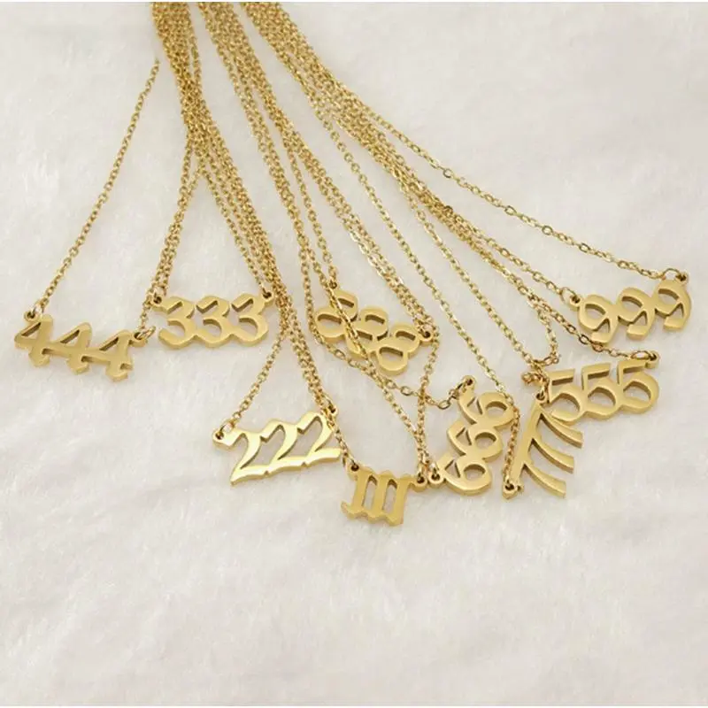 Waterproof Stainless Steel Gold Plated Angel Number Necklace Triple Digit Numerology Pendant 111-999 All Styles Thin Cable Chain Minimal Dainty Manifestation Lucky Number Neck Jewelry Gift For Women