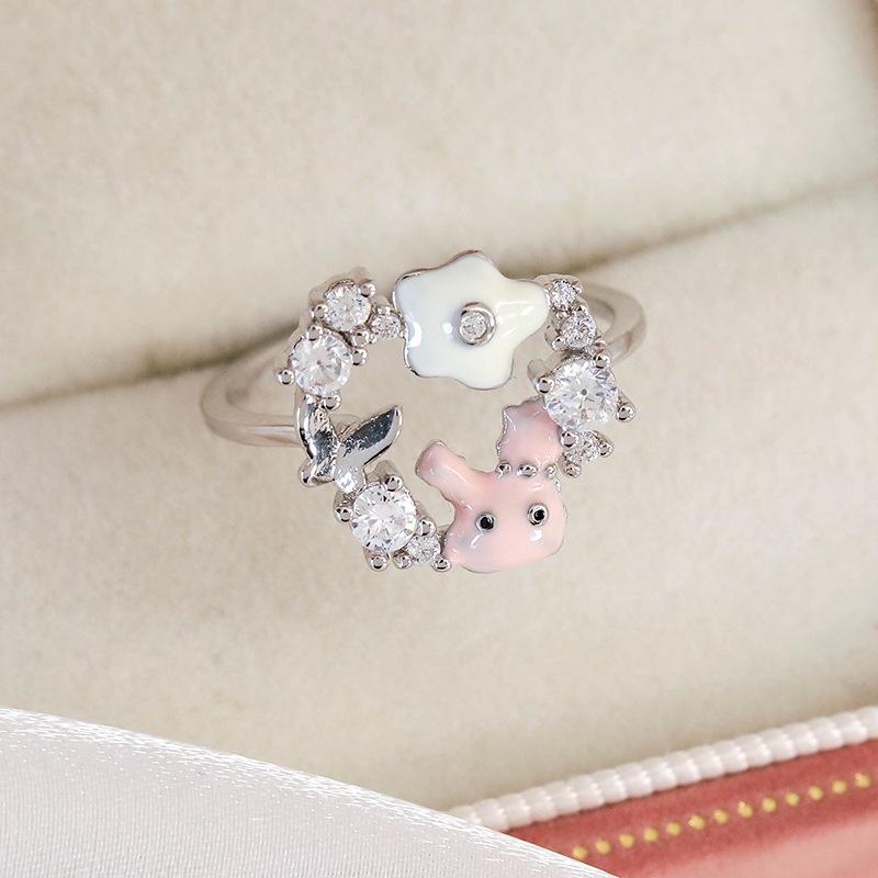 Spring and summer macaron-colored oil-drip flower heart ring with zircon inlay, open niche ring for women, personalized index finger ring