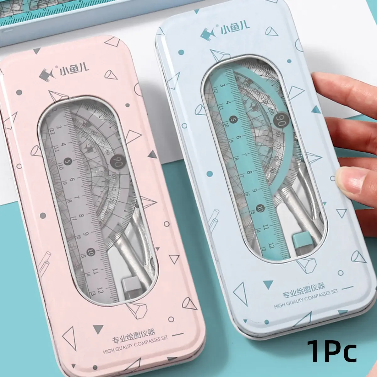 1Pc/2Pcs Professional Geometry Tool Set with Metal Case, 7-Piece Drafting Kit Including Compass, Protractor, Straight Ruler, Triangle Rulers, Eraser and Lead Refills, Accurate Portable Measuring Tool for Drawing, Design, Math and Office Use, Home Office