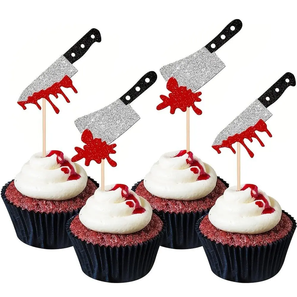 6pcs Halloween Cupcake Toppers, Glitter Bloody Knife Horror Cake Picks, Spooky Decorations for Halloween Themed Party & Birthday Cake