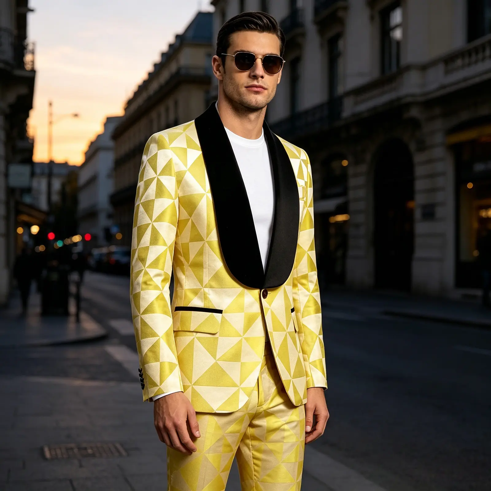 Men's Gold Geometric Print Tuxedo Set – Slim Fit Blazer & Pants with Black Velvet Shawl Collar for Prom, Wedding & Stage Performance