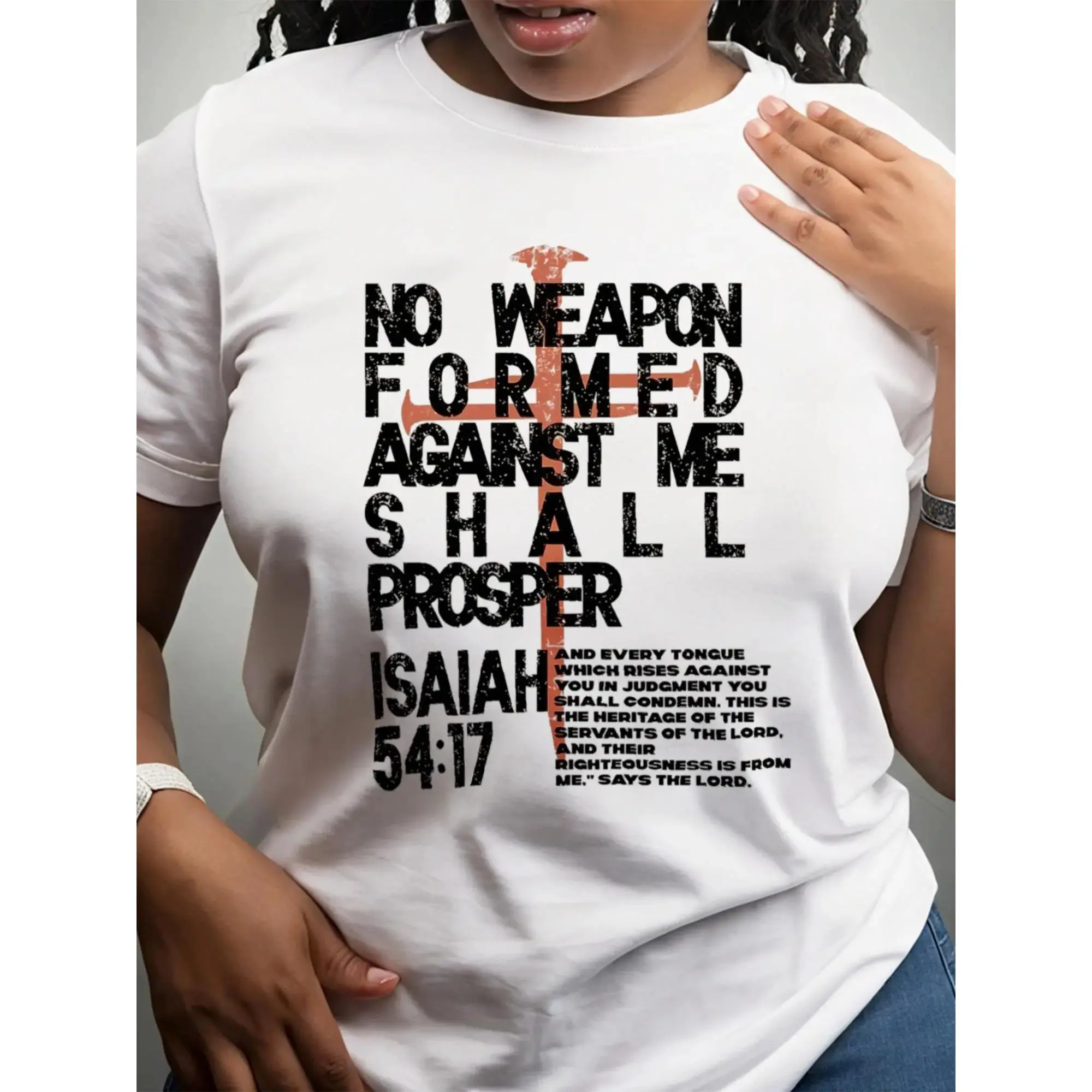 Women's Christian T-Shirt "No Formed Against Me Shall Prosper" Isaiah 54:17 Verse - 100% Oversized Fit Short Sleeve Crew Neck Tee, All-Season Casual Wear & Christmas Thanksgiving Gift for Church, Prayer Apparel