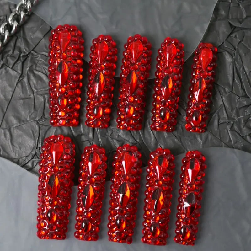 10 Pcs Handmade Press On Nails,Long Coffin Red Rhinestone Nails,Crystal Gem Embellished Nails,Acrylic,Fake Nails,Reusable,Wholesale,Fashionable Rhinestone Decorated,Suitable For Daily Wear/Date/Party/Wedding,Tools Random Color