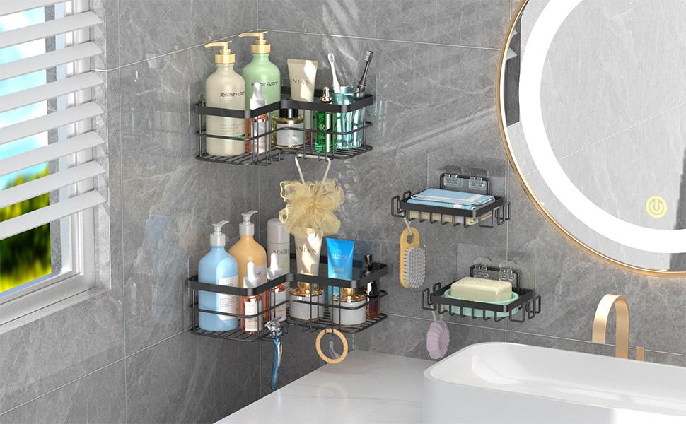 Corner Shower, 4-Pack Shower Shelves with Soap Holder No Drilling, Rustproof Shower Organizer, Black