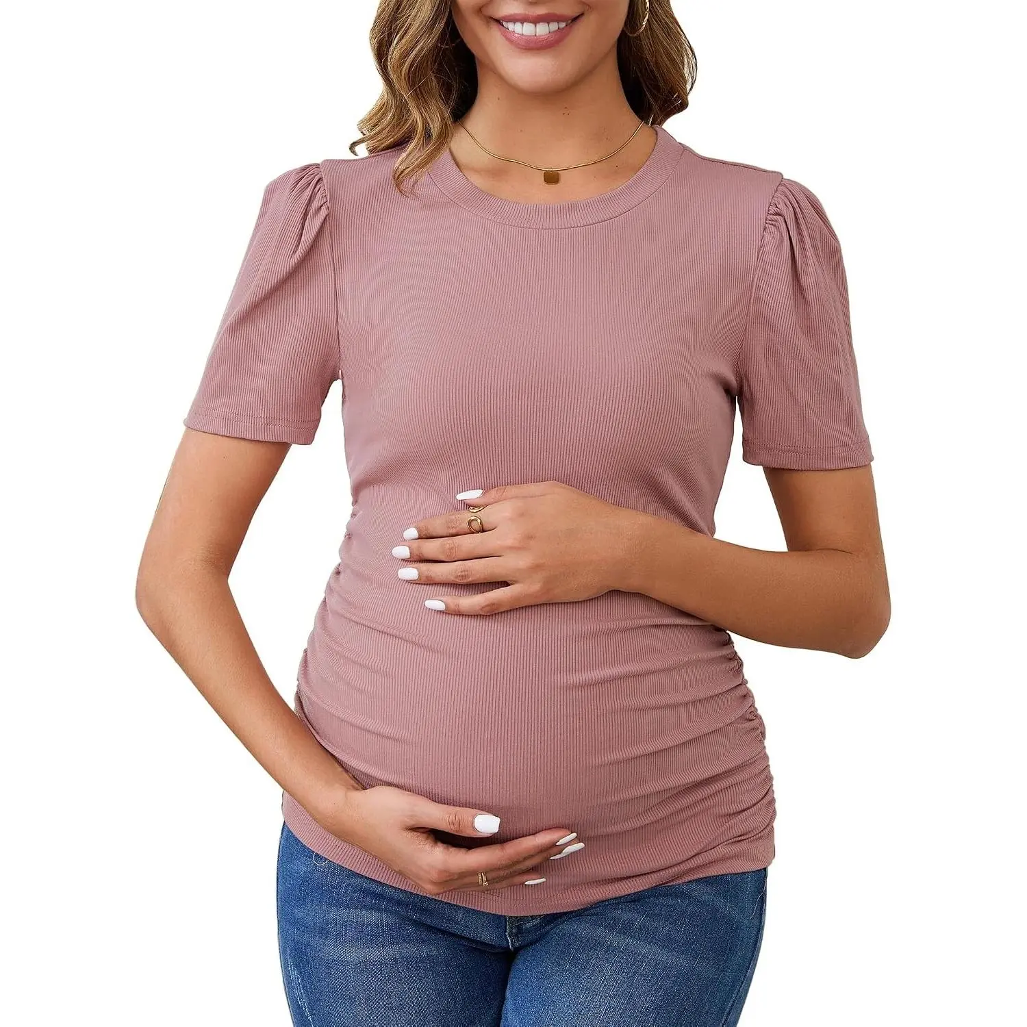 Maternity Work Tops Business Blouse Office | Short Sleeve & Side Ruched & Ribbed Knit & Puff Sleeve Soft Comfort Comfy Pregnancy Shirts for Semi Workwear