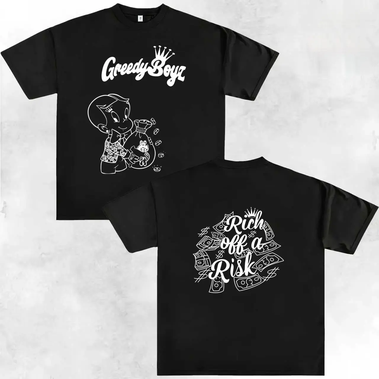 Greedy Boyz Rich Off A Risk Cartoon Money Bag Front & Back Print Retro Hip Hop Casual Graphic T-Shirt, high-definition crisp print oversized street top, versatile daily & weekend wear. Nice affordable gift choice for streetwear lovers, hip hop fan and vin