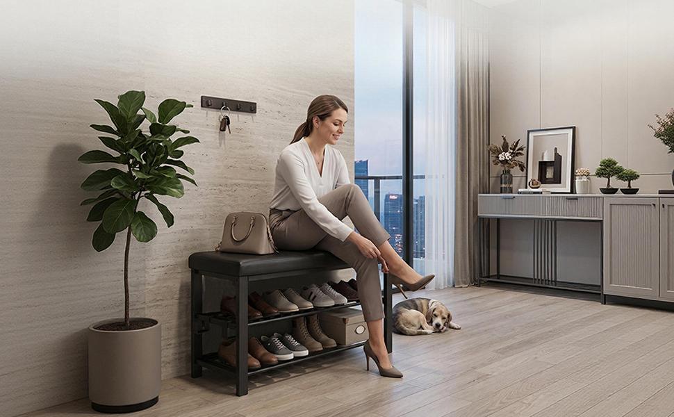 Entryway Shoe Rack with Cushioned Seat, Shoe Bench for Entry, 2 Shelves Storage Bench w/Faux Leather Top Bed Bench, Black