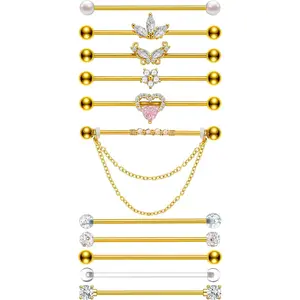 Industrial Piercing Jewelry Gold Silver Industrial Bar 14G Surgical Stainless Steel Industrial Earrings Chain Butterfly Flower Heart Industrial Barbell 1 1/2"(38mm) Bar Length
