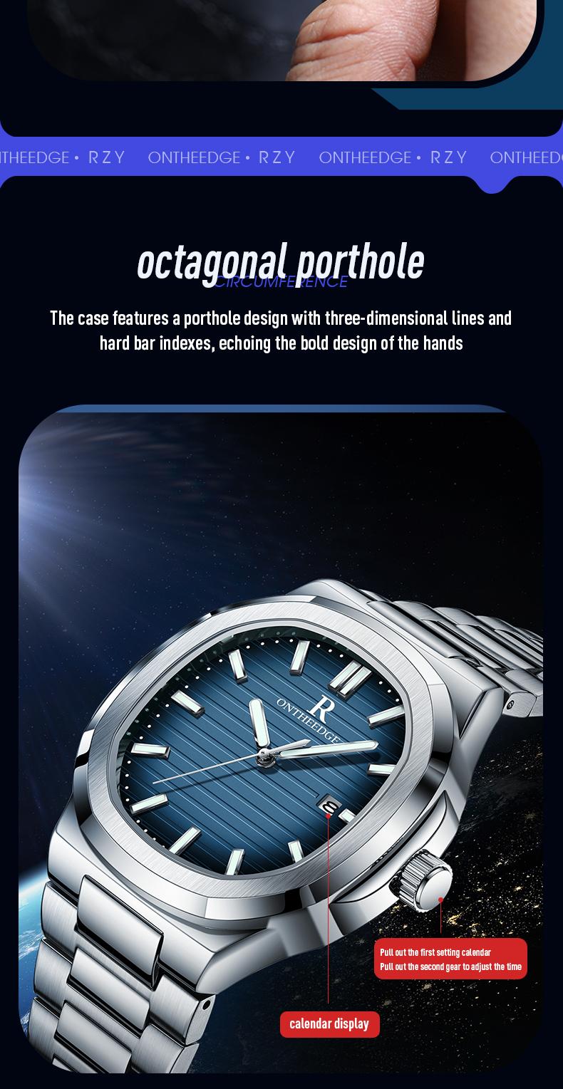 Men's Luxury Square Blue Dial Quartz Watch - Stainless Steel Wristwatch with Date, Luminous Hands, Waterproof, Classic Business Casual Dress Watch, Perfect Gift for Husband Dad