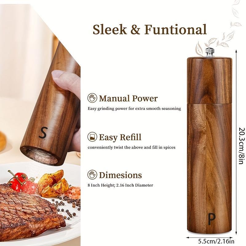 2/3pcs(2Grinder +base) Wooden Salt Pepper Grinder Set 8-Inch, Refillable Salt Pepper Mills Adjustable Coarseness, Acacia Wood Ceramic Core Manual Pepper Grinder, Kitchen Decor Dining ware Ideal Gift for Chefs, Perfect for Family BBQ Picnic Camping