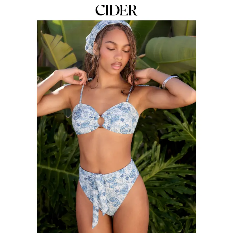 Cider Sweetheart Paisley O-Ring Bracelet Tie Front Cheeky Bikini Set With Headscarf