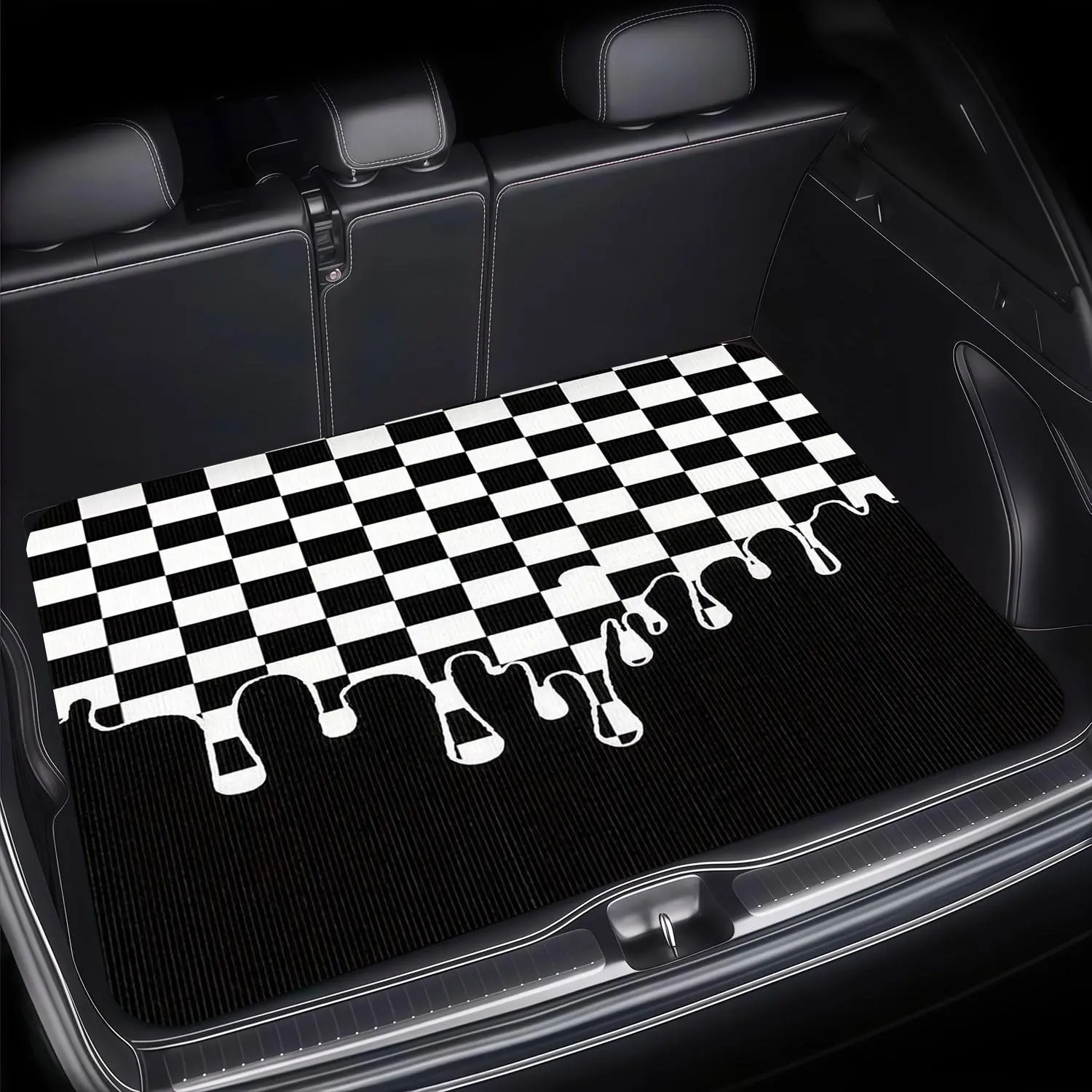 1-Piece Universal Car Interior Trunk Mat, Black-White Checkered & Dripping Design, Contrast Look, Durable Protection, Easy Install, Easy to Clean Stylish Automotive Accessory, One-Piece