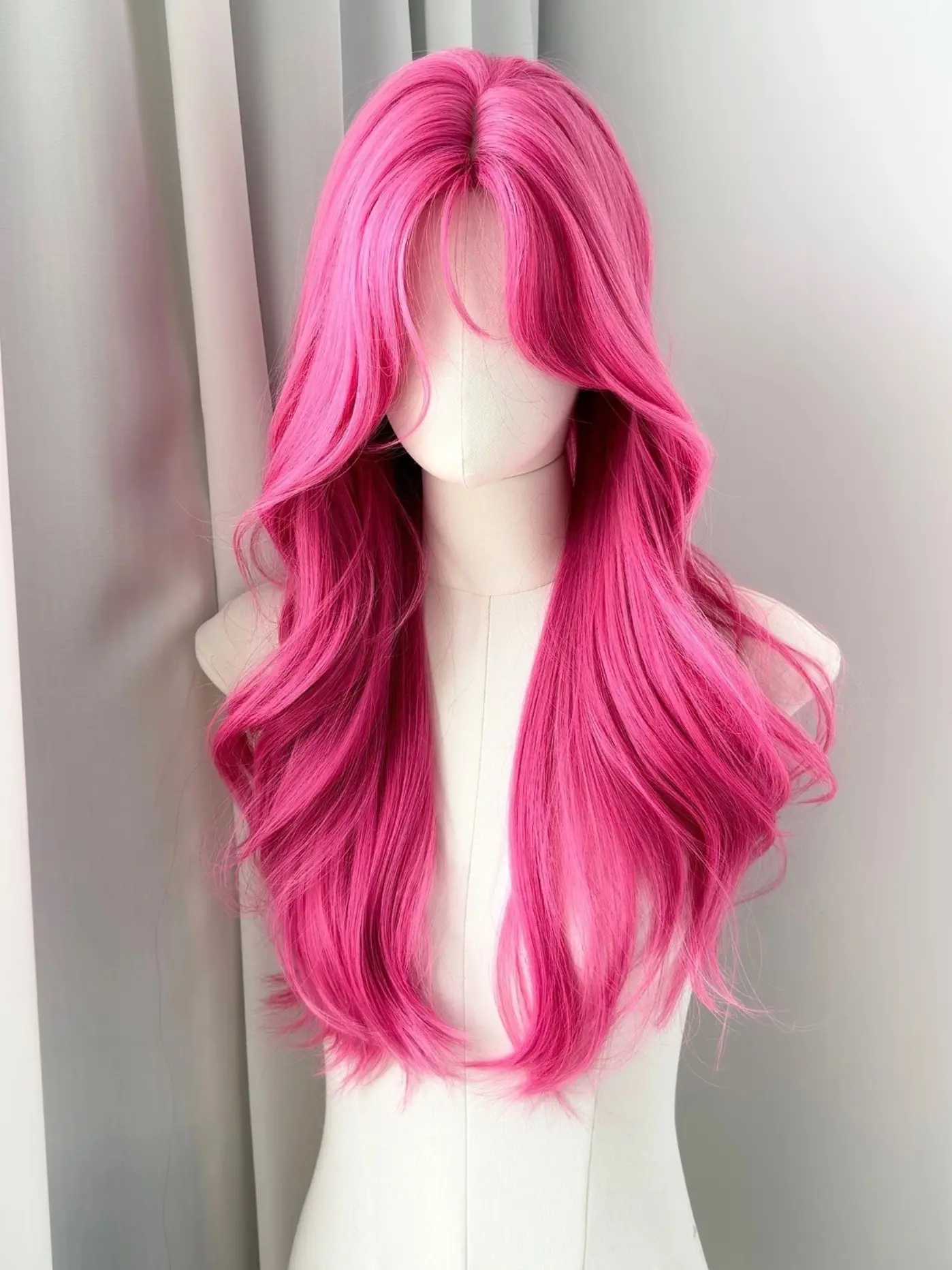 Women's 26-Inch Long Wavy Wig, Hot Pink Synthetic Fiber, Heat-Resistant, Perfect for Daily Wear and Parties, with Bangs Design