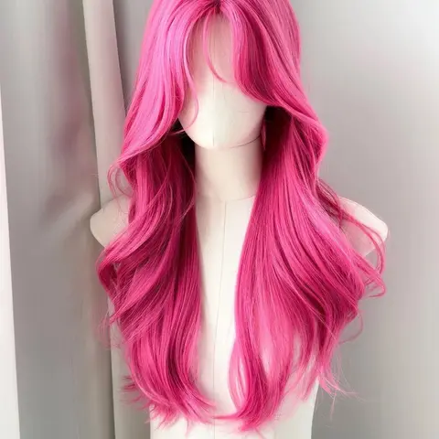 Women's 26-Inch Long Wavy, Hot Pink Synthetic Fiber, Heat-Resistant, Perfect for Daily Wear and Parties, with Bangs Design, Synthetic Material Wig