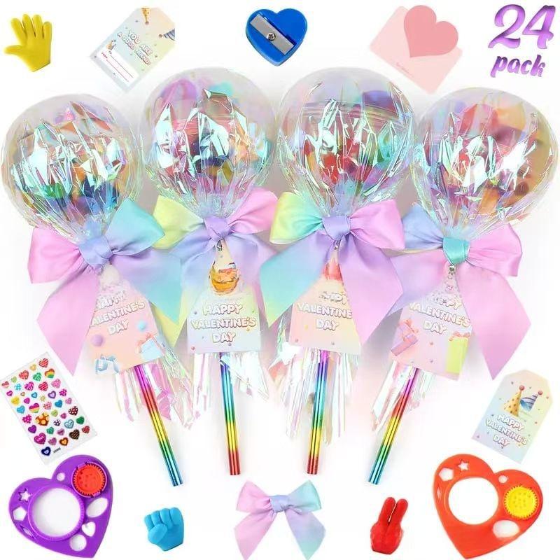 Party 24-Pack Giant Lollipop Valentine's Day Set with Rainbow Pencils & Candy Lollipop-Shaped Containers for School Parties & Classroom Gifts Perfect for Boys and Girls Christmas Stationery Kids Halloween Sticker Eraser Stamper Heart Card