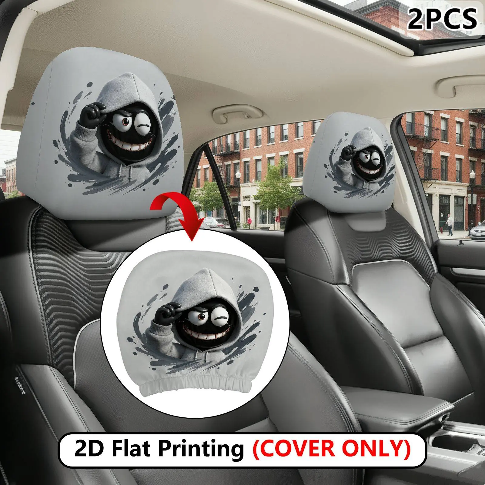 Pack of 2, graffiti black emoji printed car head pillowcase, (head pillowcase only - excluding the headrest itself), high elastic design seat protection, no padding. Car seat headrest cover