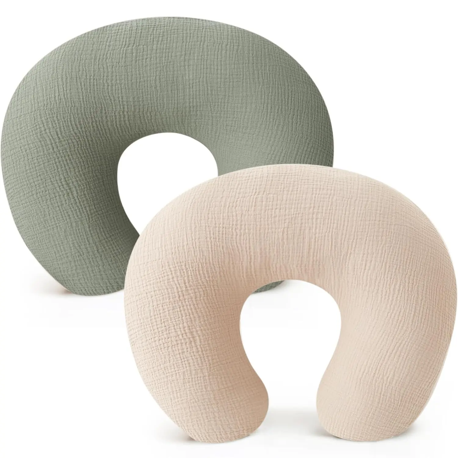 Muslin Nursing Pillow Covers, Soft and Cute Nursing Covers for Breastfeeding Pillows, Ideal for Newborn Baby Boys and Girls (Fog Green, Cream) - 2 Pack
