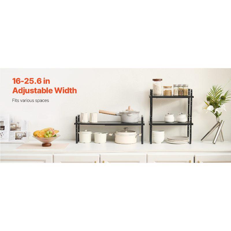 VEVOR Adjustable Kitchen Cabinet Shelf Organizer, Expandable 2 Tier Cabinet Shelf, Stackable Countertop Organizers and Storage Shelf Risers, Pantry Organizers for Kitchen Bathroom Office, Black
