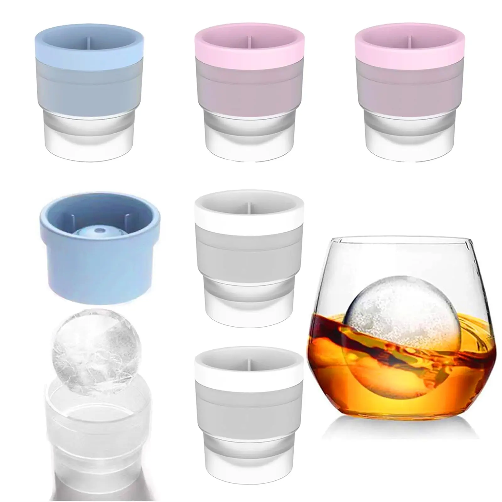 Ice Ball Maker Mold - Set of 6, Round Ice Cube Mold, 2.4 Inch Sphere Ice Cubes for Whiskey, Cocktails, Bourbon (Pink, Blue,White)