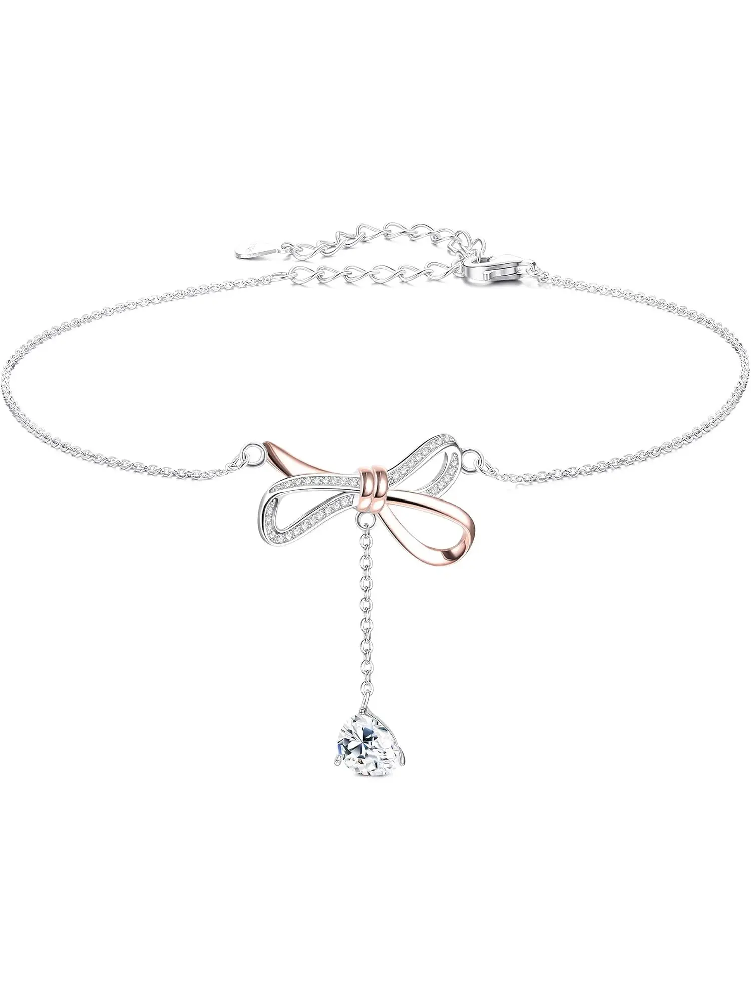 1 Pc Sterling Silver Bow Necklace Made with Austrian Crystals Pendant Gift for Women Rose Gold 16" with 2" Extender Adjustable
