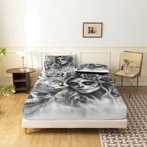 3Pcs Gothic Sugar Skull Queen Fitted Sheet Set, Deep Pocket Fitted Sheet & Mattress Protector, For Family Dormitory Hotel Style Bedding Thick Mattress ( No Pillow)
