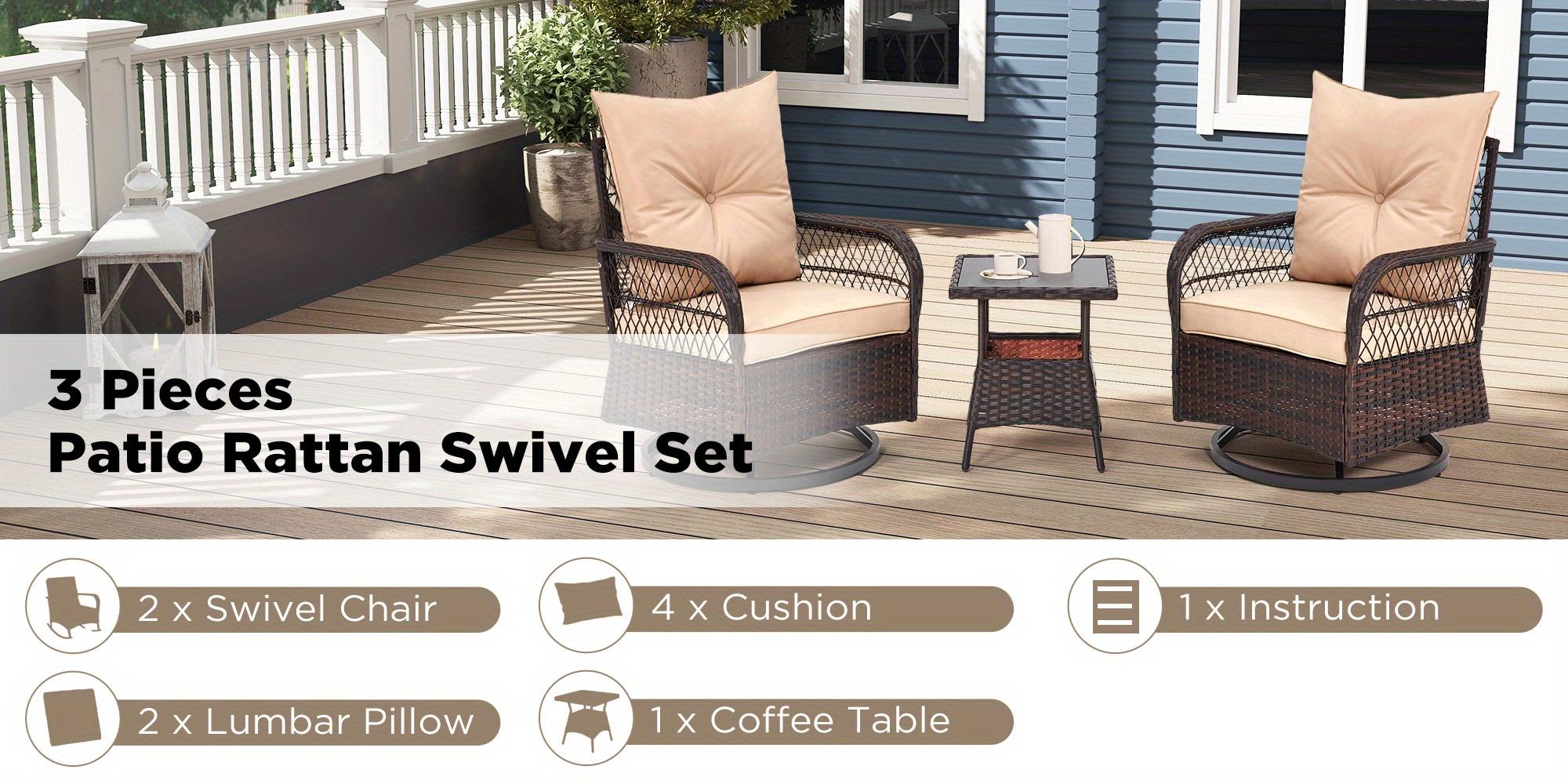 3 pcs Outdoor Swivel Chairs Bistro Set, Pation Rattan Furniture Set of 3 with 2 Swivel Chairs and 1 Tempered Glass Coffee Table, 360 Degree Swivel Patio Chairs for Garden, Porch, Garden, Beige