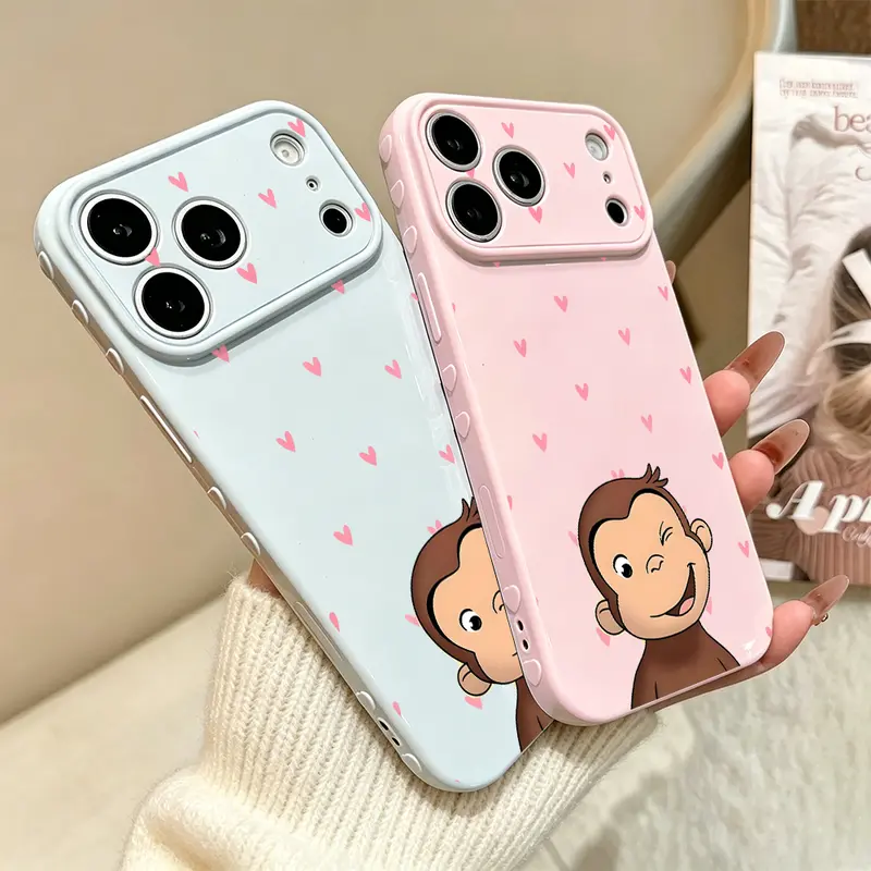 Curious George Pink Floral-Heart Stripe Phone Case - Cute Cartoon Monkey Mobile Accessory for iPhone 17 Pro Max,16,15,14,13,12,11 & Samsung S22,S23,S24,S25,S26 Accessories