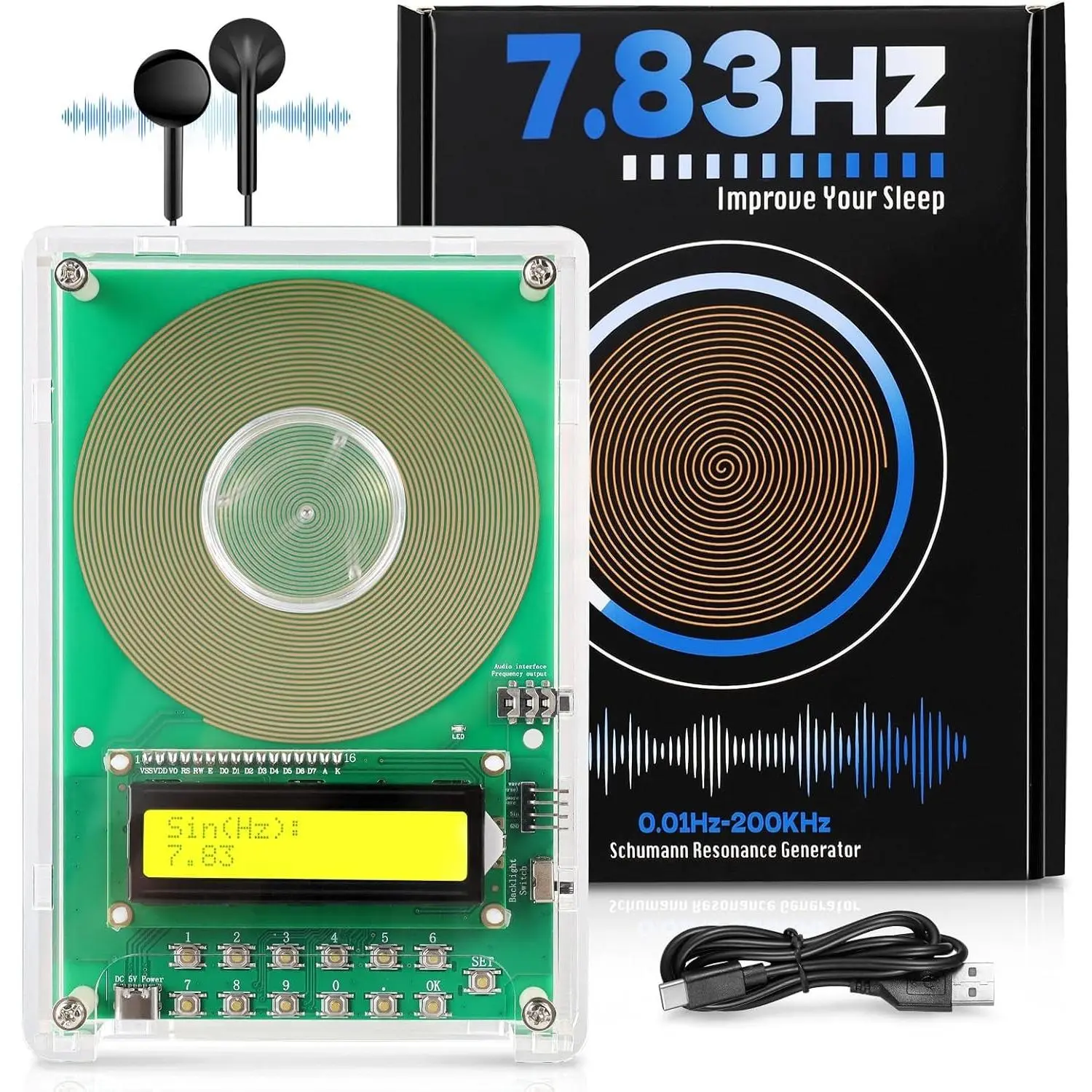 7.83Hz Frequency Generator for Healing Schumann Resonance Generator (Adjustable 0.01Hz-200kHz) for Deep Sleep, Meditation, Yoga & Stress Relief Type-C Powered LCD Display