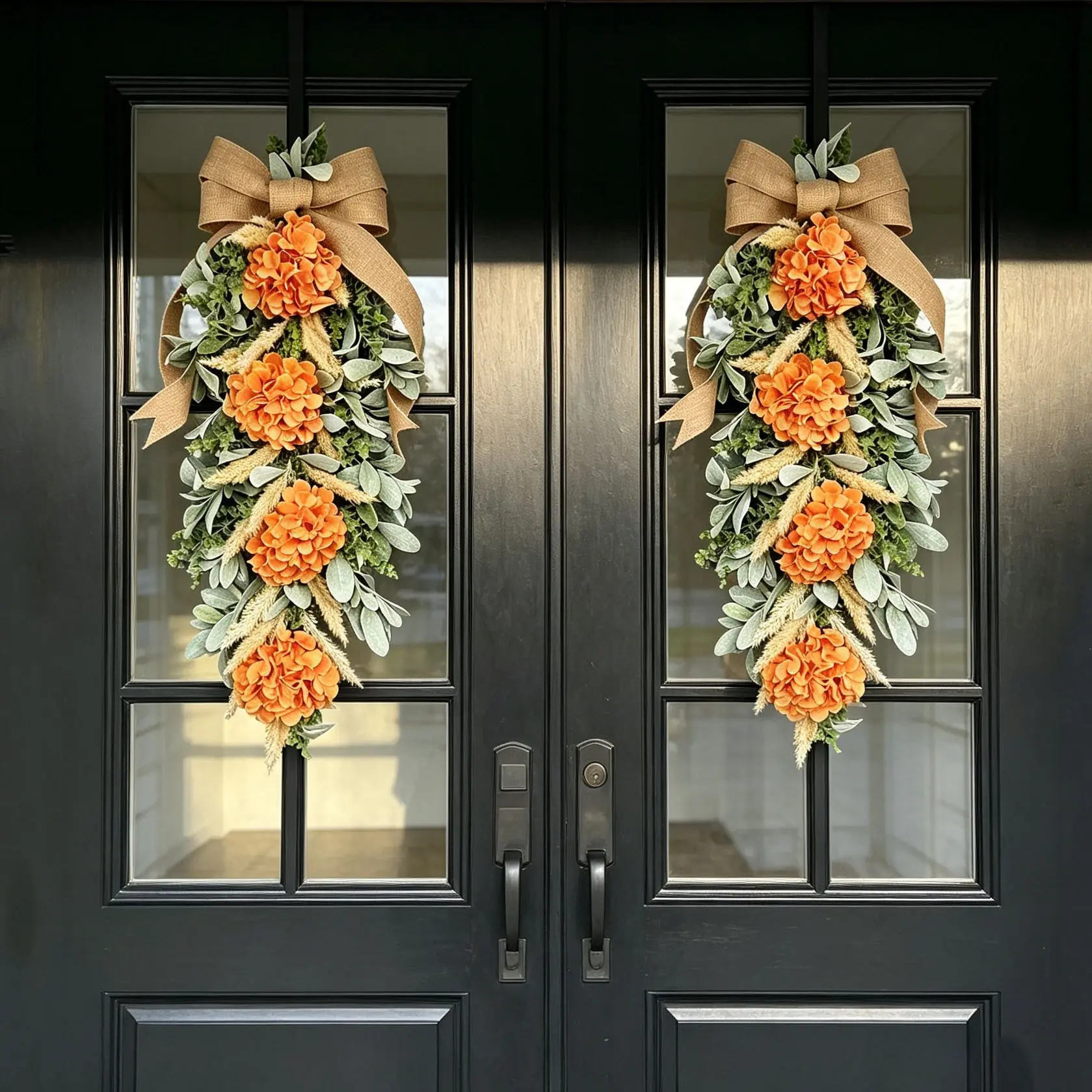 Autumn Door Decor Hanging Ornament, Artificial Hydrangea Wreath with Burlap Bow, Eucalyptus and Fuzzy Snapdragon Plants