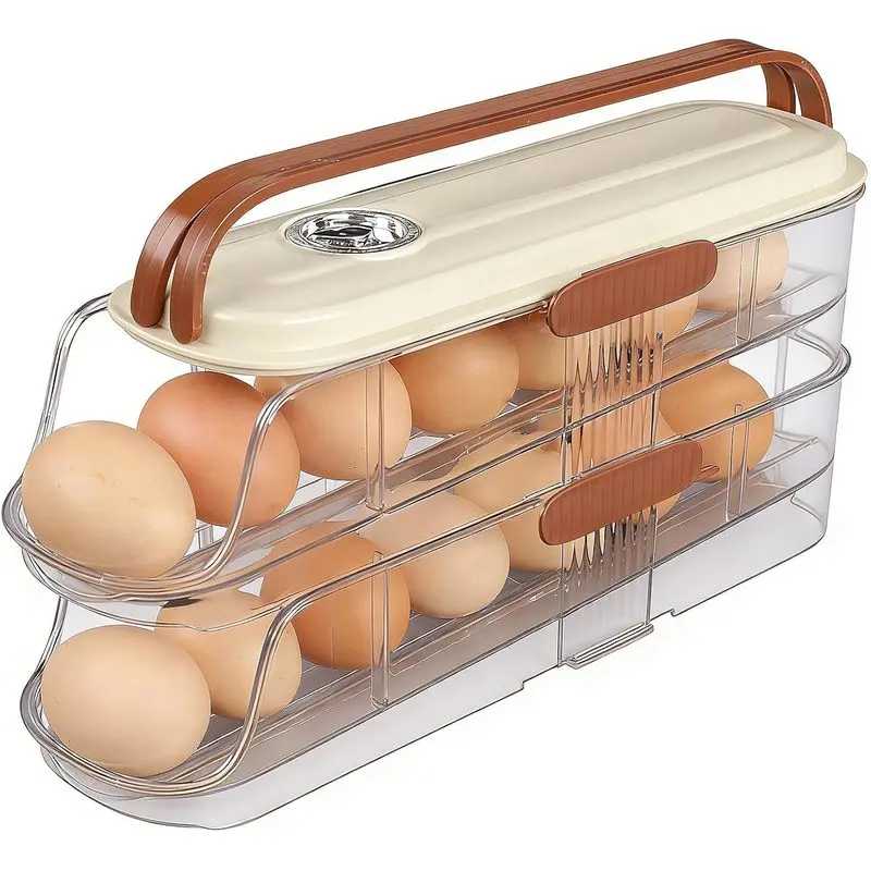BPA-Free Rolling Lid Egg Holder for Fridge with Handle, Automatic Rolling Egg Storage Container, Kitchen Refrigerator Organizer Tray