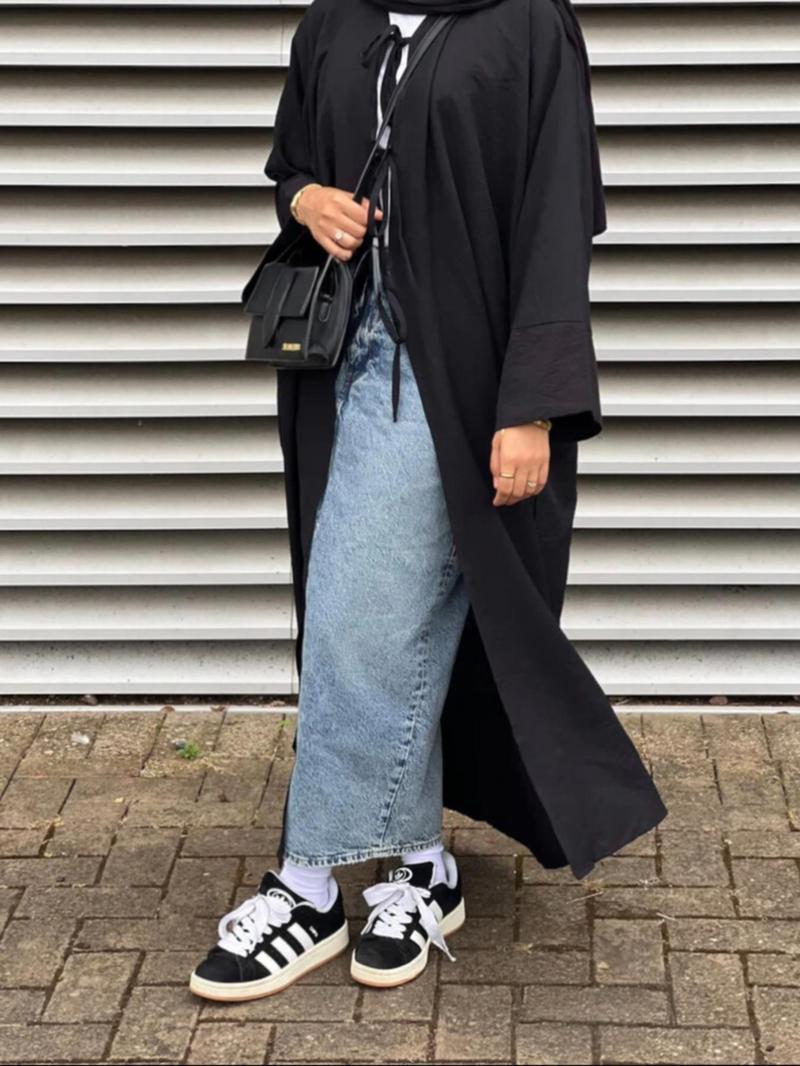 Women's Solid Color Tie Front Open Front Robe, Casual Long Sleeve Long Dress for Daily Wear, Ladies Islamic Clothing for All Seasons, Modesty Muslim Clothing, Muslim Women Gowns