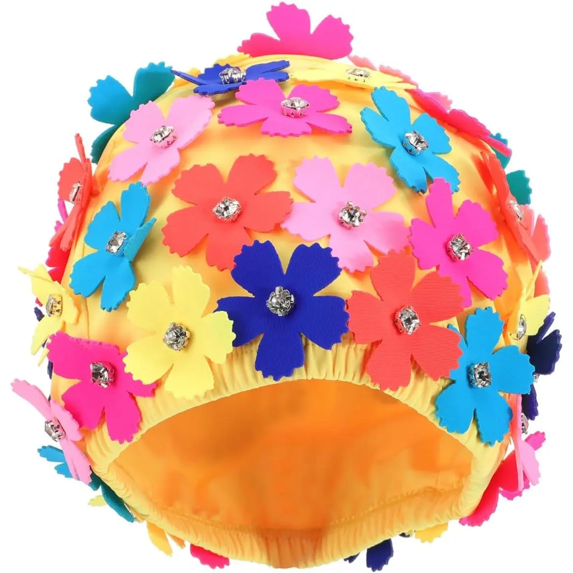 DECHOUS Women Flower Swim Cap, Retro Fabric Swimming Hat with Floral Petals and Rhinestone, Bathing Cap for Women Long/Short Hair, Outdoor Pool Beach Spa