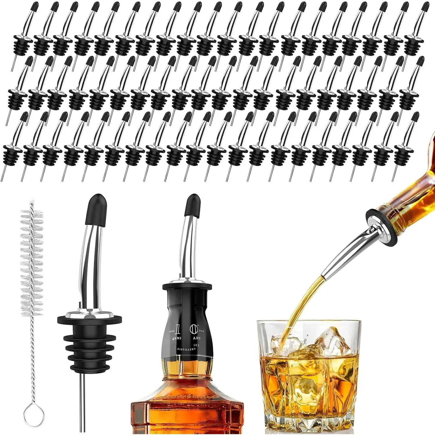 60-Pack Stainless Steel Pour Spouts for Liquor Bottles Oil Vinegar and Wine, Liquor Bottle Pourers with Rubber Dust Caps, Bar Accessories for Bartending