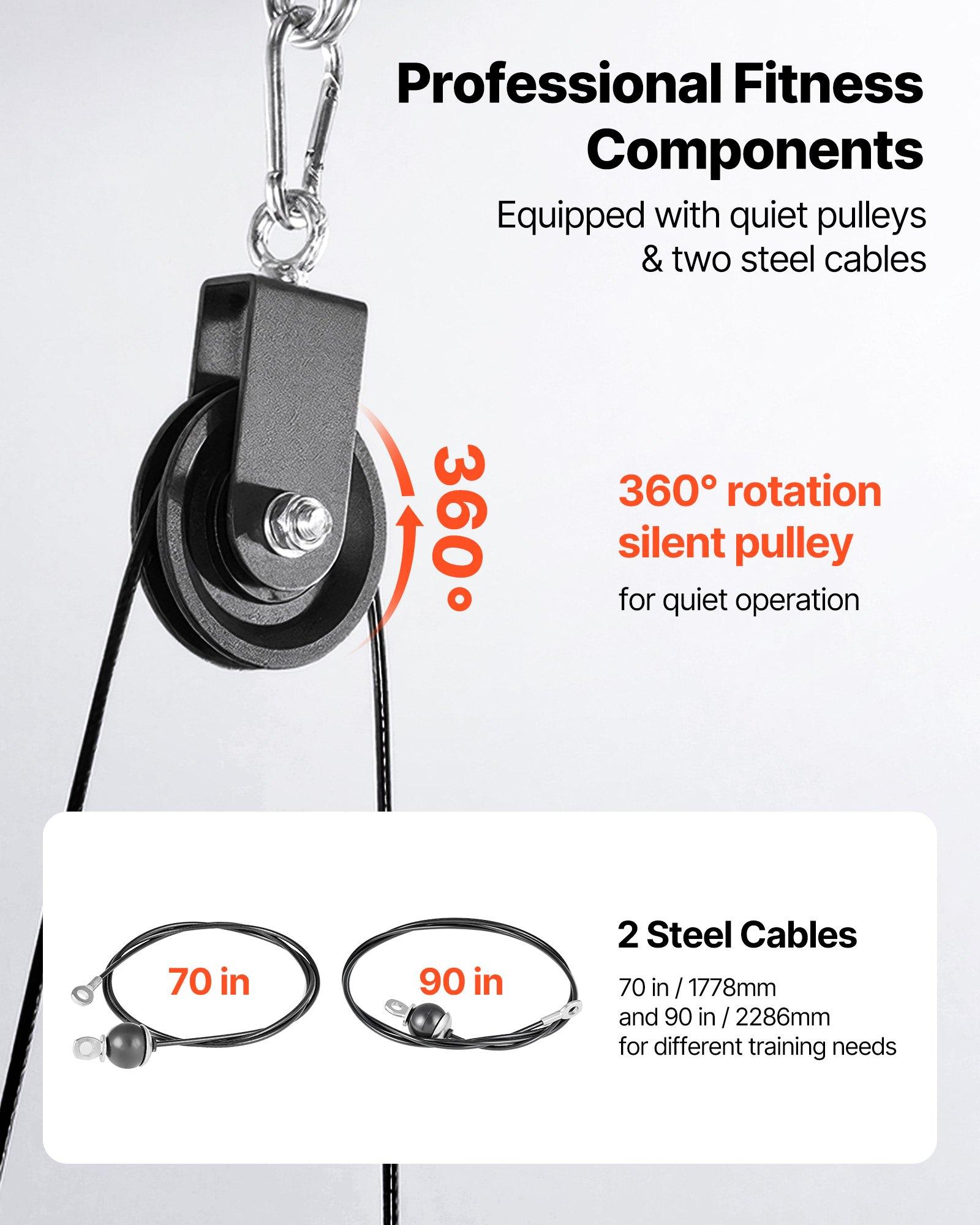 VEVOR Pulley System, 1 PC LAT and Lift Pulley System, Gym Rack Pulleys Attachment with two Steel Cables, Short Bar, Dual Grip Handles, Cable Machine for Bicep, Shoulder, Back, Up to 280 lbs Capacity