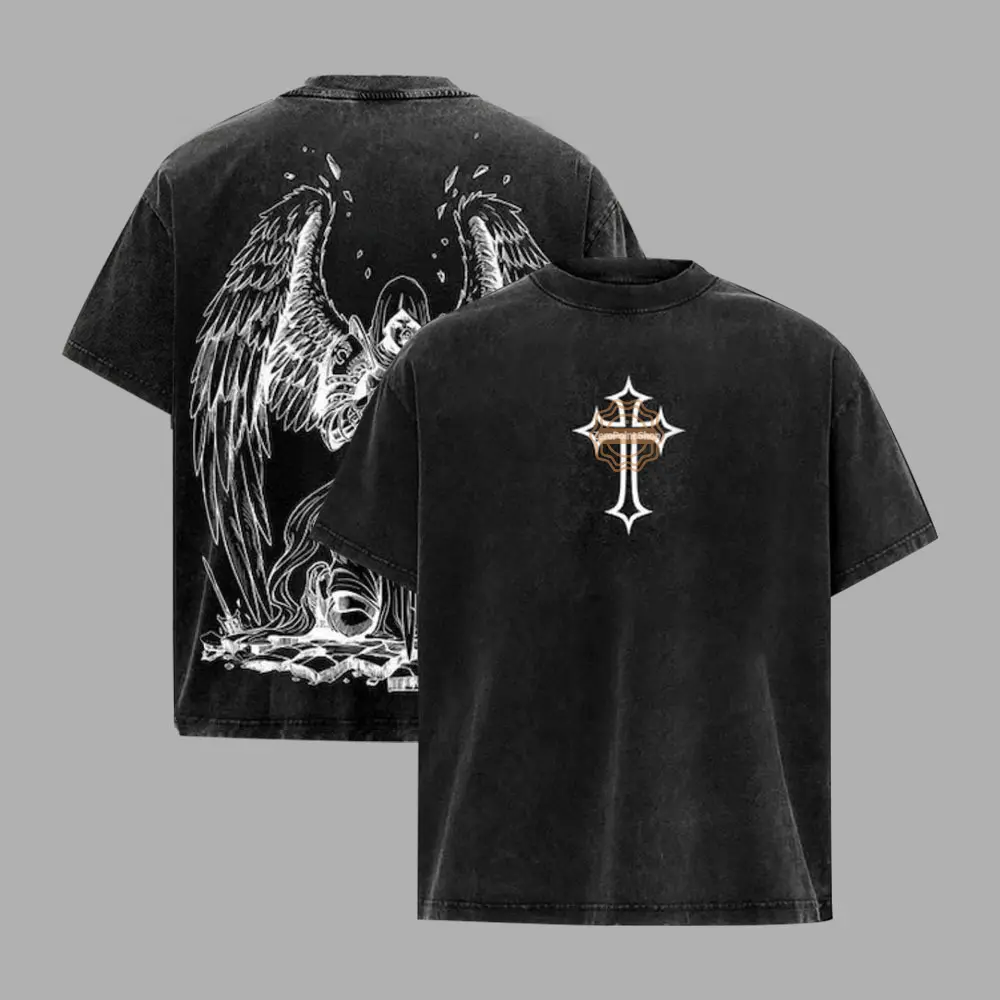 Men's Classic Archangel Michael Vintage Washed Graphic T-Shirt - Heavyweight Soft Ribbed Fabric, Oversized Relaxed Fit, Short-Sleeve Round Neck, Day Casual Tops
