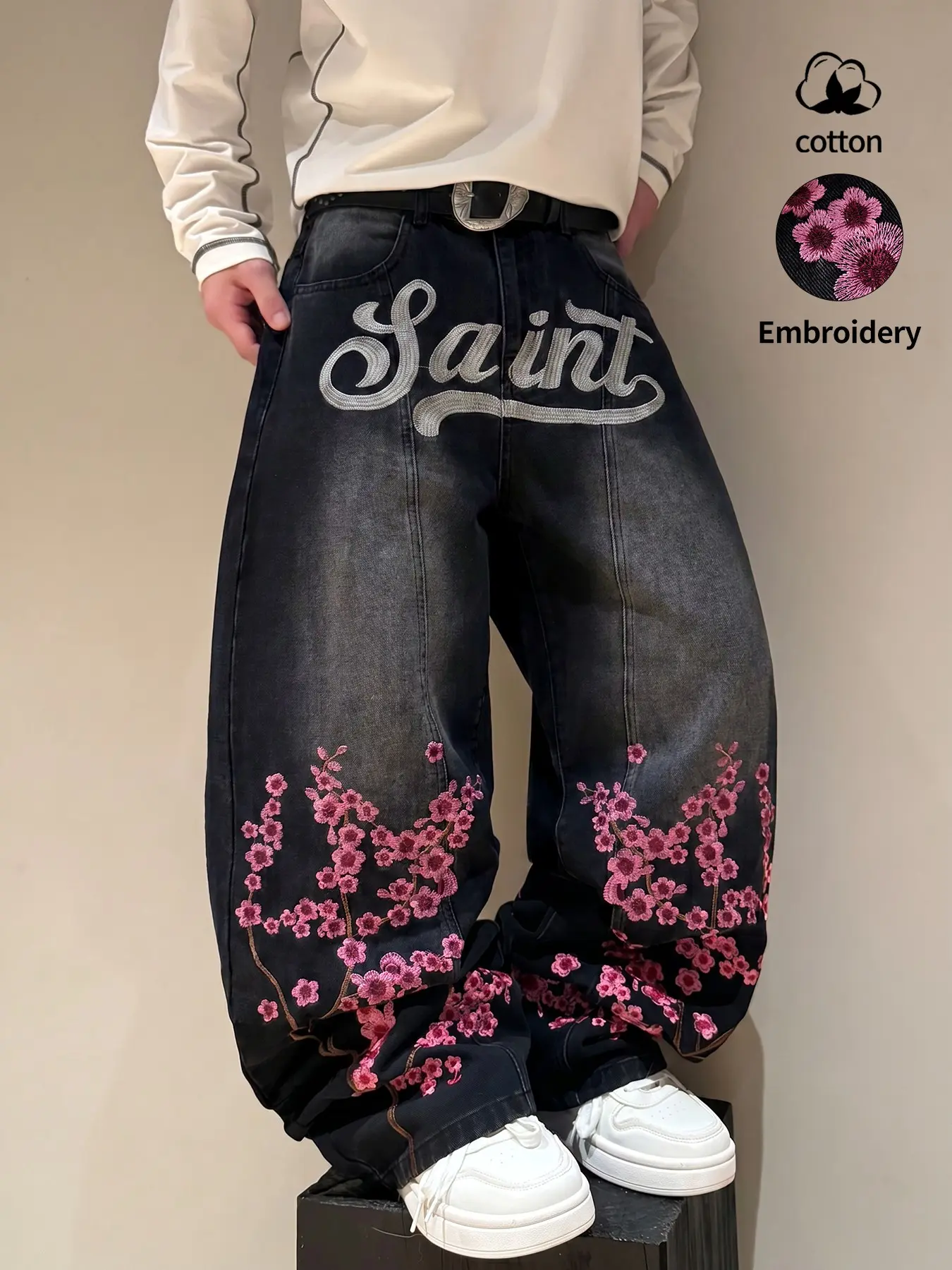 Vintage black washed loose jeans with a cross and quincunx Floral embroidery, wide leg design, Y2K style. Streetwear with a street style, comfortable cut design, suitable for daily wear