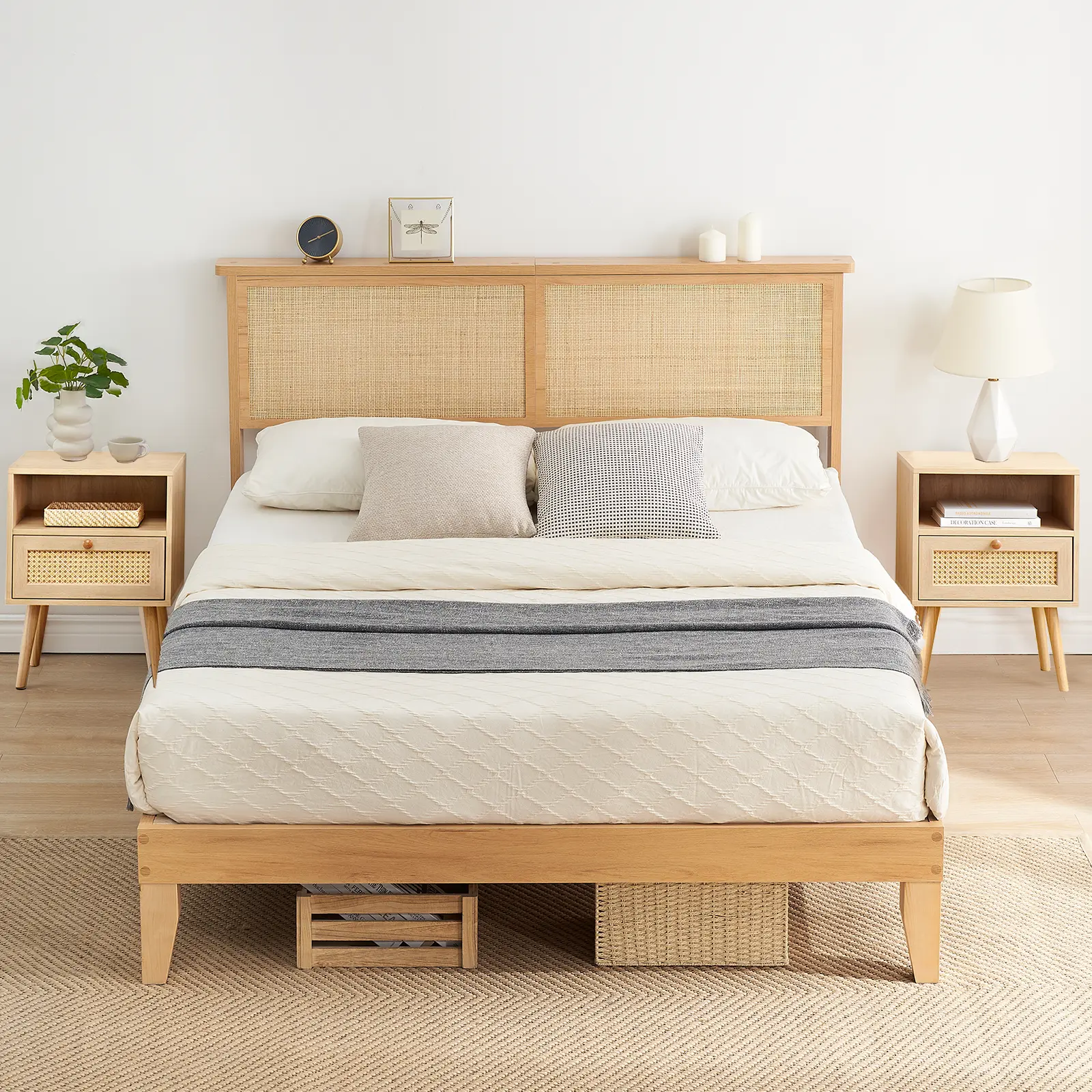 Garvee Boho Rattan Platform Bed Frame with Natural Headboard & Built-in RGB LED Lights, Sturdy Wooden Slat Support, Underbed Storage, No Box Spring Required for Bedroom