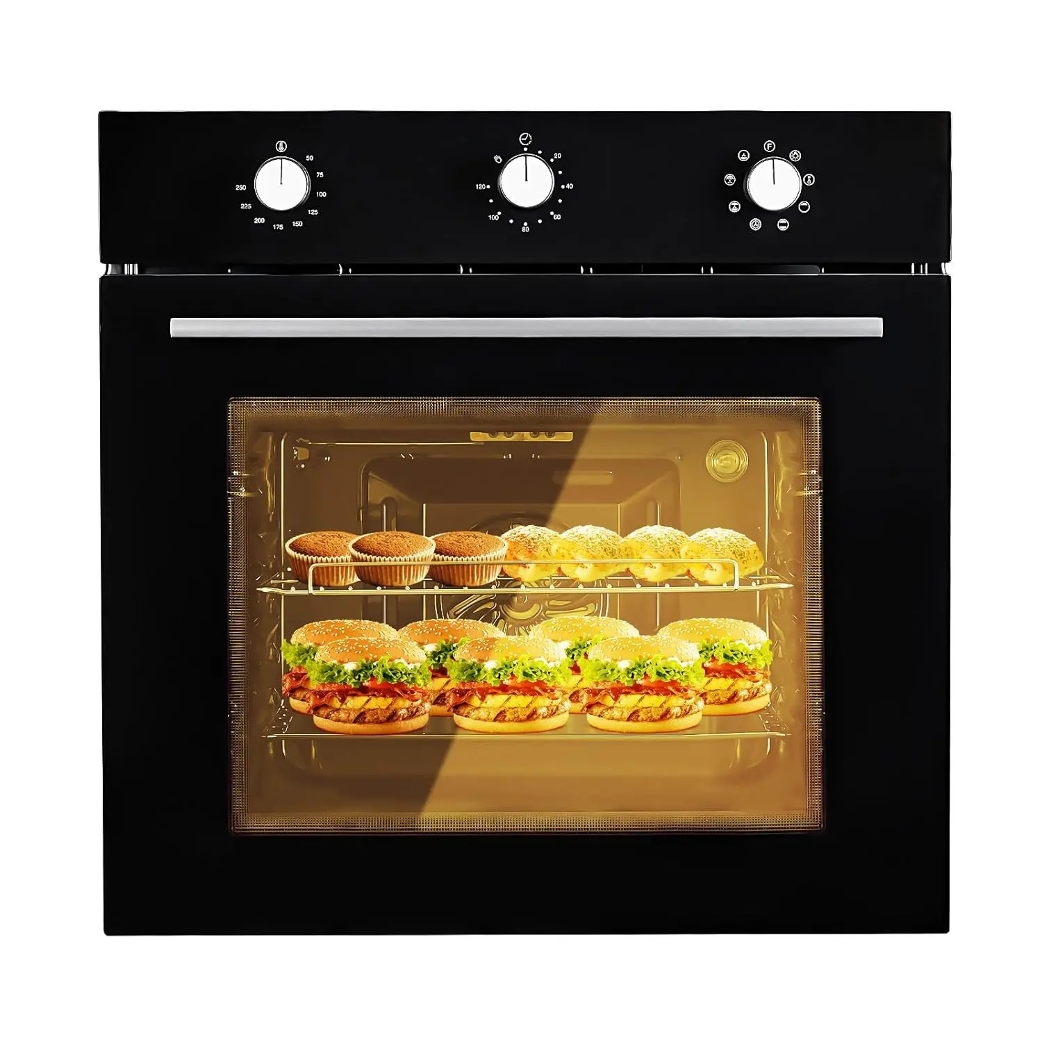 High Power Built-in Wall Oven 24 Inch, 2.5 Cu.Ft Single Electric Oven with 8 Baking Modes, Enamel Interior Mechanical Knob & Triple Tempered Glass Door